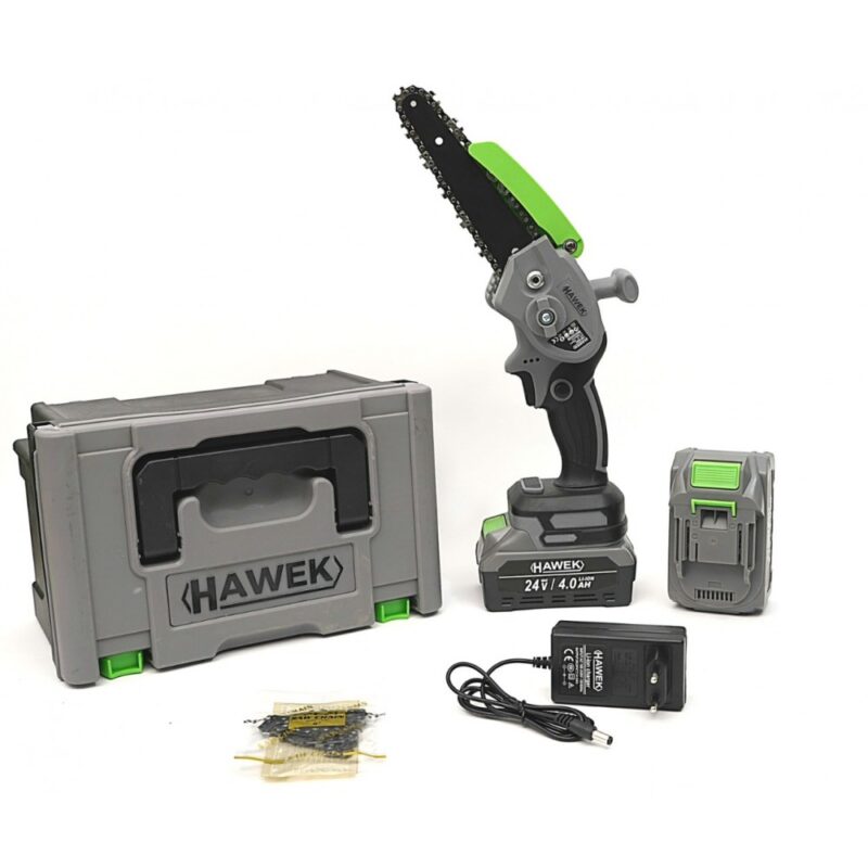 Акумулаторен мини верижен трион 24V 4Ah 15см с 2 шини HAWEK