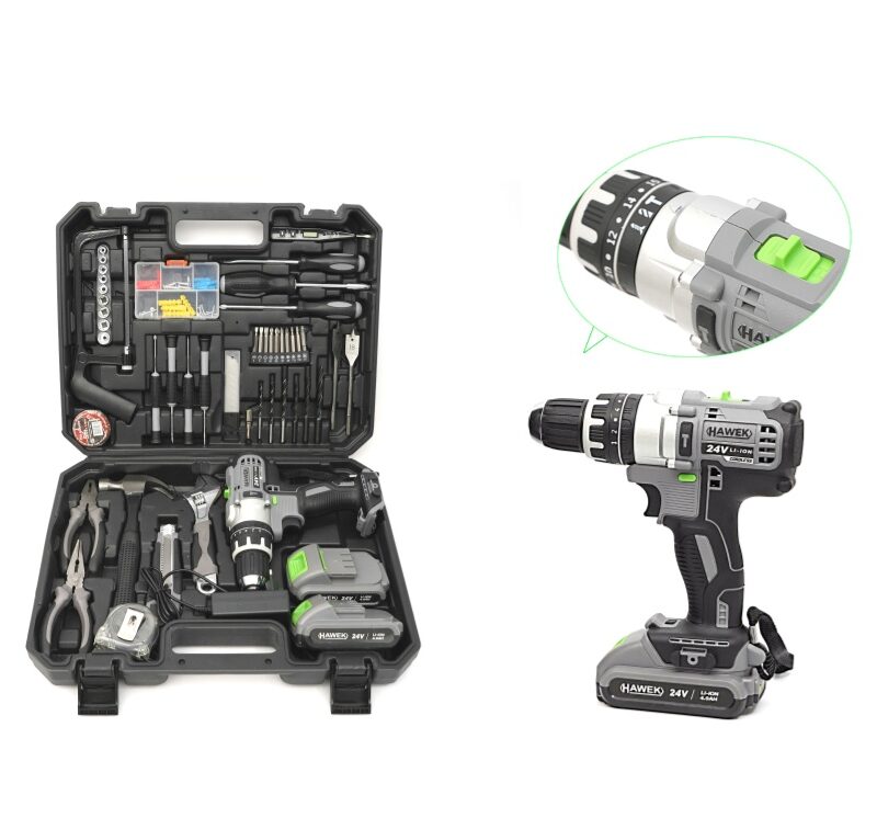 Акумулаторен ударен винтоверт 24V с инструменти и 2 батерии HAWEK