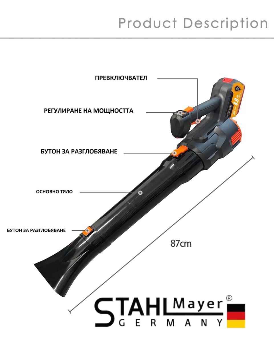 Акумулаторна Безжична Духалка за листа STAHLMAYER 36V 8.0AH ВЪЗДУХОДУВКА