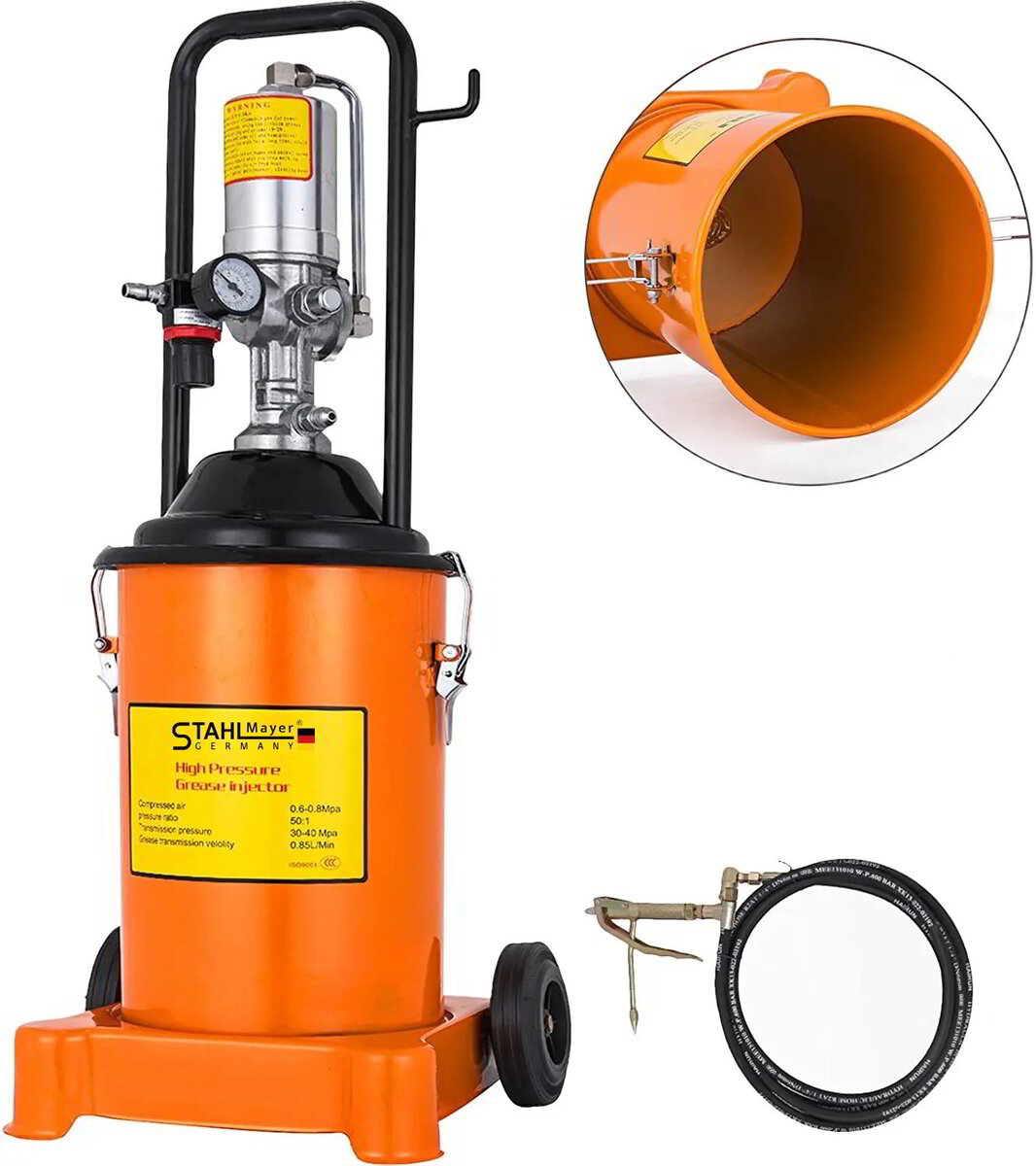 12-литрова пневматична помпа за гресиране STAHLMAYER, 300-400 бара