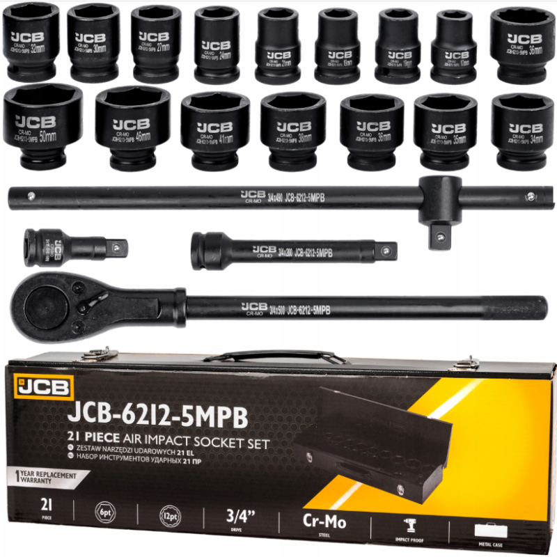 Гедоре с ударни вложки 21 части 3/4“ 6-стенно JCB