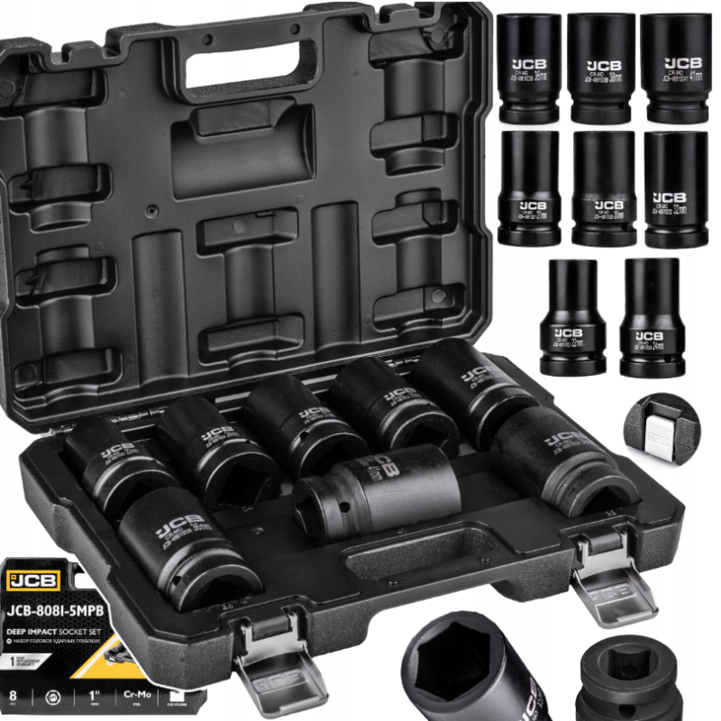Комплект дълбоки ударни вложки 6-стенни 1" (22 – 41 мм) 8 части JCB