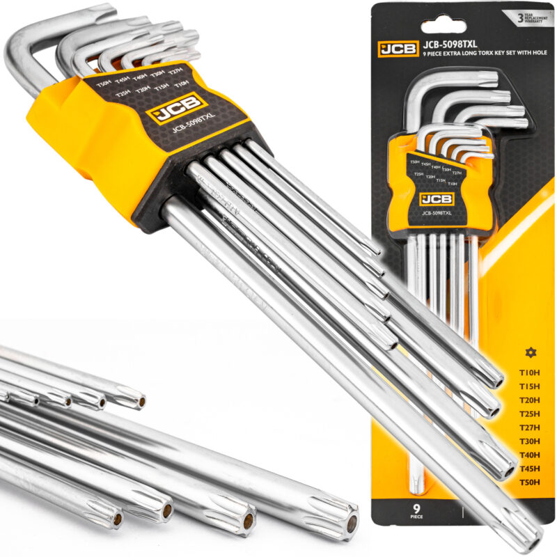 Комплект дълги шестограми Torx с отвор T10H–T50H, 9 части, JCB