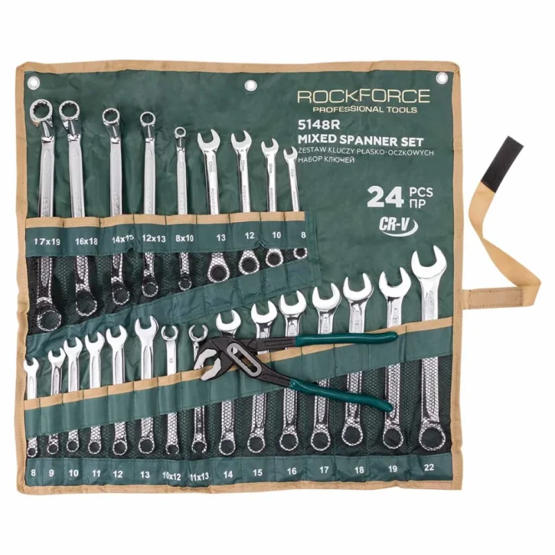 Комплект комбинирани ключове 24 части + подарък клещи гарга 10″ ROCKFORCE