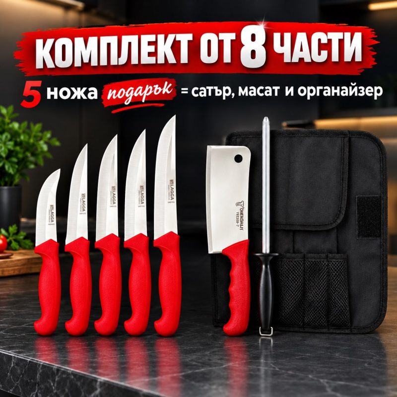 Комплект месарски ножове 5 броя – с подарък сатър, масат и органайзер