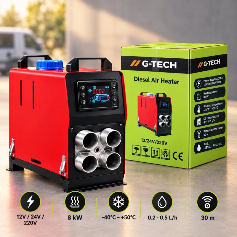 Суха дизелова печка G-TECH 8 kW 12V/24V/220V за къмпинг, автомобили и гаражи